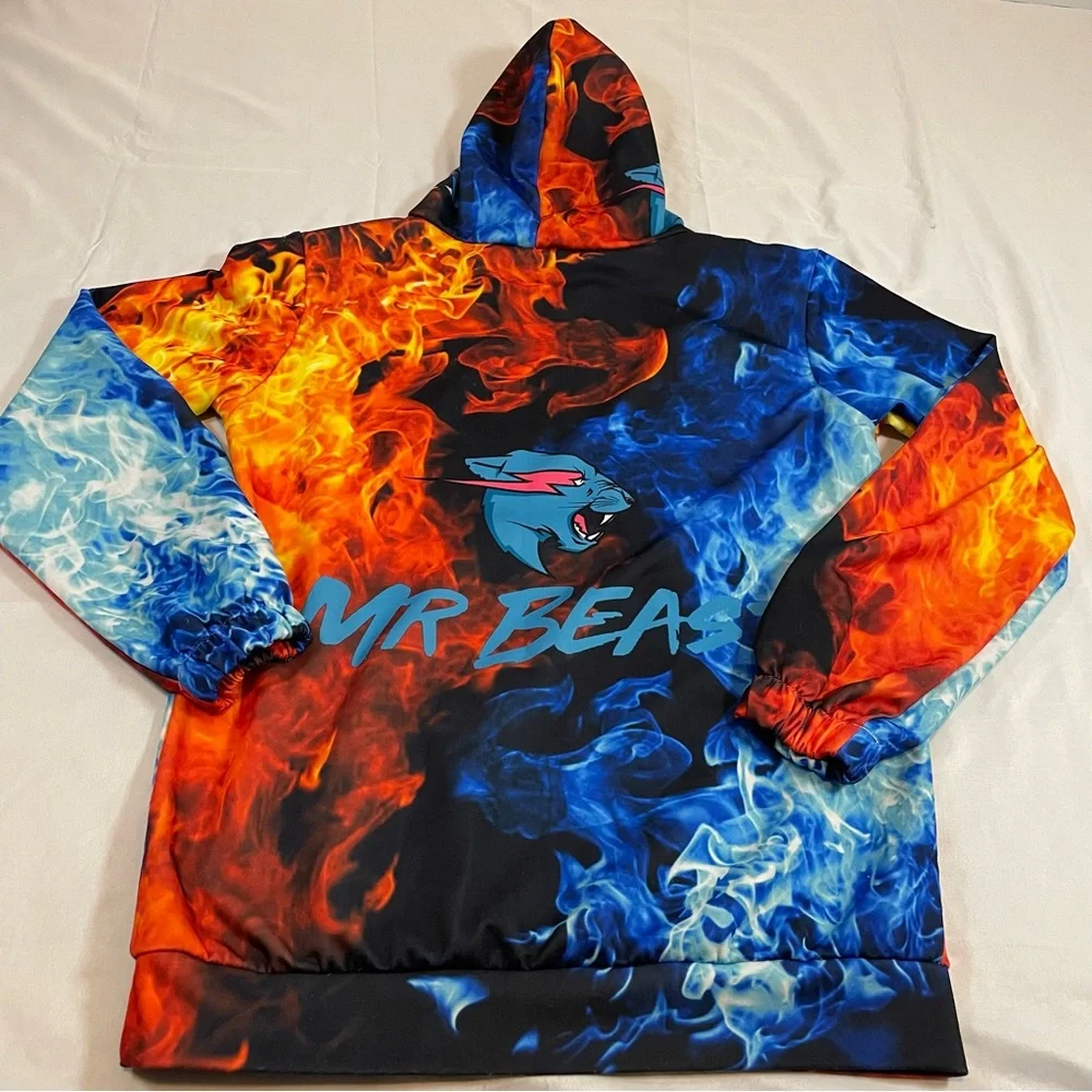 Mr Beast Hoodie XL All Over Fire Ice Flame Print Blue Orange Pullover Sweatshirt